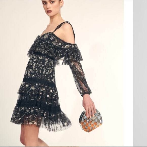 Needle & Thread Supernova Tiered Ruffle Embellished Dress Black Size 6 - Picture 9 of 14